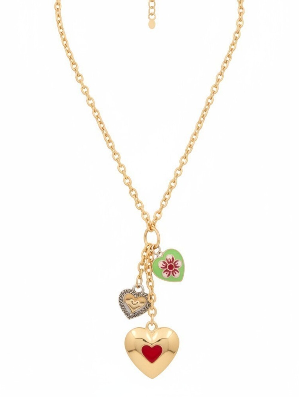 💛▪️Piper K ▪️Gold Charm Necklace with Green and Red Hearts